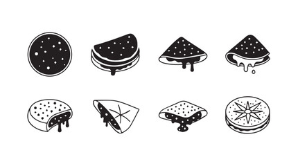 Set of eight hand-drawn pizza slices and whole pizza icons with dripping cheese and toppings vector