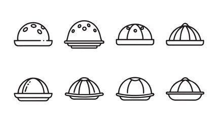 Set of eight simple outline icons representing various types of hats for culinary use vector