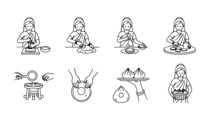 Culinary steps illustrated chef preparing ingredients and serving food delicious meals sequence vector