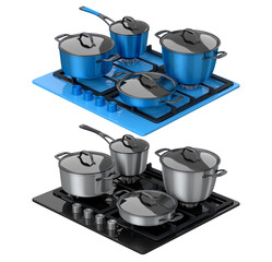 Set of kitchen utensil, stewpot, frying pan and chrome cookware hanging on shelf and electric or gas stove cooker with burning flames on white background. 3d render of preparing and boiling food