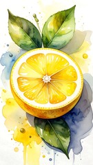Watercolor lemon slice with leaves