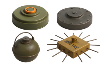 Set of Modern and Historical Land Mines in Various Shapes and Sizes – Transparent Background