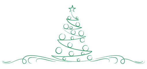 Minimalist green line art illustration of a stylized Christmas tree decorated with circular ornaments and topped with a star. The elegant continuous line forms flowing curves and decorative swirls 