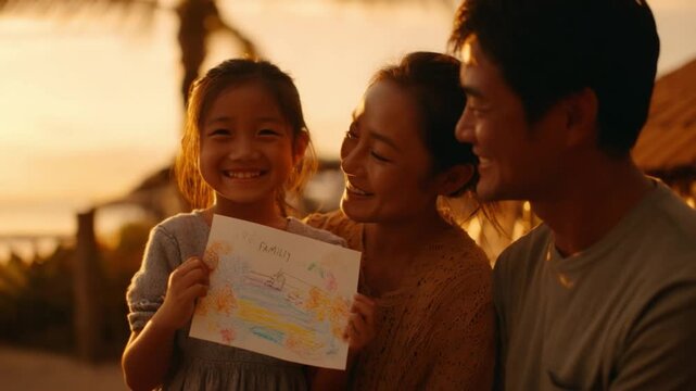 Family bond and joy: A loving family share a tender moment, the child proudly presents a drawing to the parents, embodying the essence of joy, appreciation, and the unbreakable family bond. 