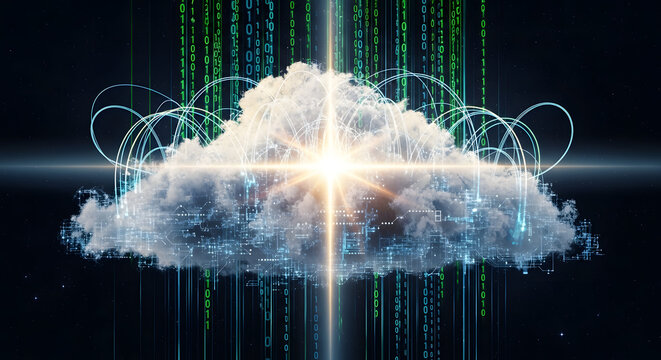 Digital cloud with binary code and glowing light representing data and connectivity concept