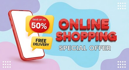 Obraz premium A promotional image featuring a phone, online shopping text, and special offer with discount details