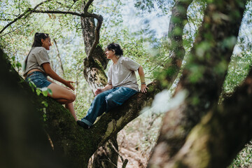 Friends sit on a large tree branch in a lush forest, sharing a moment of conversation and laughter. Casual outfits, natural light, and peaceful surroundings convey friendship and outdoor relaxation.