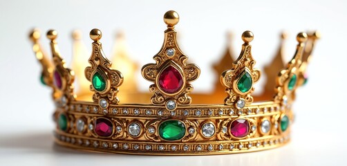 Ornate gold crown set with red green and clear gemstones sparkles brightly. Regal headwear object features intricate metalwork on white background. Luxury symbol for royalty power.