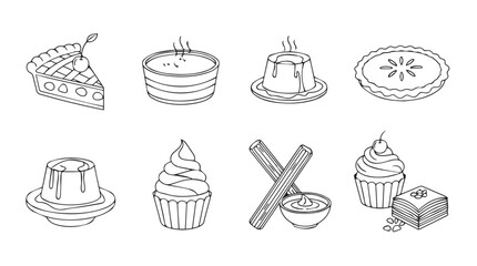 Set of dessert icons line art delicious pastries cakes cupcakes pudding and cinnamon sticks artistic hand drawn style vector