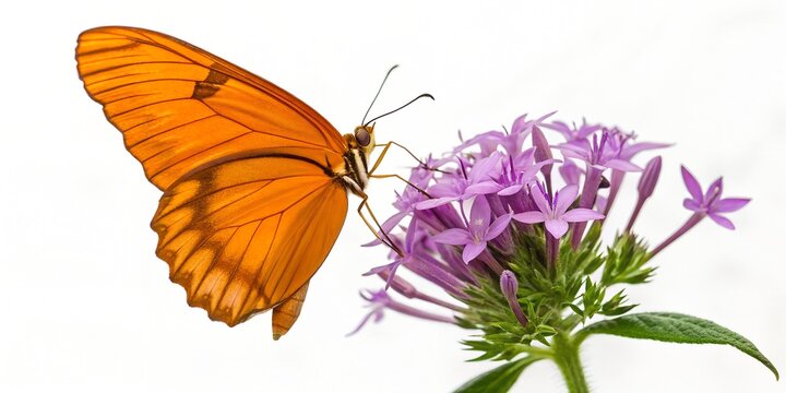 Common Cruiser butterfly (Vindula erota) feeding on purple ixora flower, vivid orange wings, side view angle