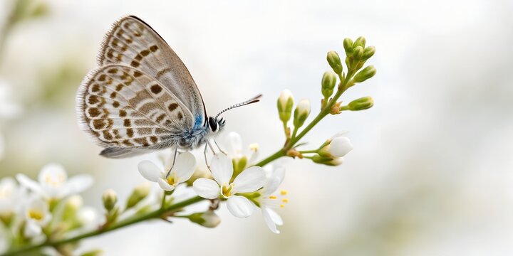 Common Lineblue butterfly (Prosotas nora) perched on small white acacia flower, tiny delicate insect close-up,