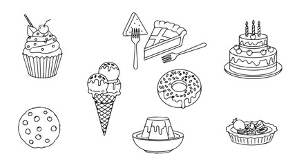 Hand drawn desserts assortment sketch icons collection delicious sweet treats collection vector