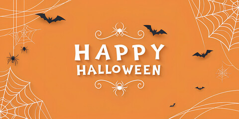 Minimalist Happy Halloween banner with clean white typography on a vivid orange background. Simple yet festive design featuring subtle bats and spiderwebs for a modern spooky touch. Perfect for season