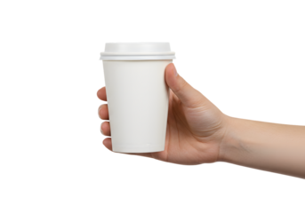 Confident hand holding a fresh disposable coffee cup with a white lid, perfect for morning commutes, cafe breaks, and on the go refreshment needs, ready for your brand.