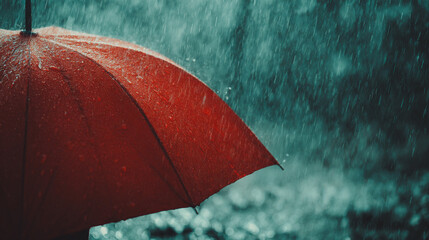 Red umbrella in the rain. A close-up shot of a red umbrella being hit by raindrops in a rainy weather. The rain is falling heavily at night. Stormy weather in cold autumnal, fall season October nature