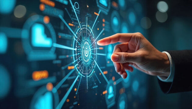 Hand interacts with glowing digital interface for estate planning and wealth management. Futuristic screen shows data, charts, and analytics for financial growth and legacy building.