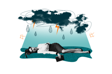 Composite trend artwork 3D sketch photo collage of young woman office manager lying down overworked mess pressure rain clouds drop bolt