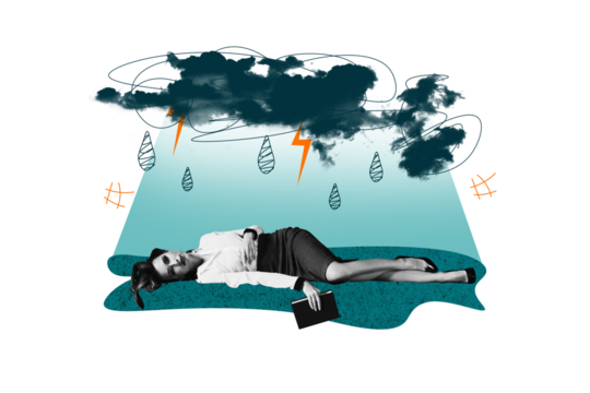 Composite trend artwork 3D sketch photo collage of young woman office manager lying down overworked mess pressure rain clouds drop bolt - Powered by Adobe