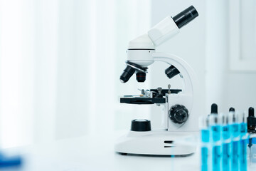 Scientist analyze biochemical samples in advanced scientific laboratory. Medical professional use microscope look microbiological developmental of viral. Biotechnology research in science lab.