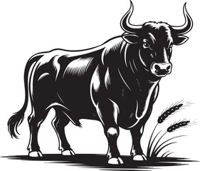 Engraved Black and White Bull Vector Illustration.
