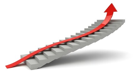 Red arrow moving up on stairs isolated on white background, business concept