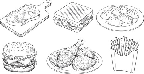 Black and white food illustrations, steak, sandwich, dumplings, hamburger, fried chicken, French fries, fast food drawing, cuisine sketch, detailed, vintage, menu