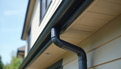 Close up shows a new house gutter system, siding, and soffit. Modern black rain gutter protects from water damage. Home exterior is ready for weather, and maintenance is hassle free.
