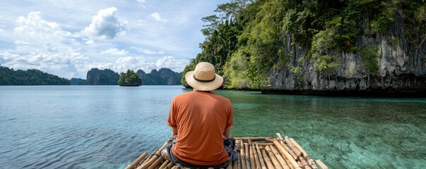 A serene view of a person sitting on a bamboo raft, gazing at lush green cliffs and calm waters under a blue sky, evoking tranquility and connection with nature.
