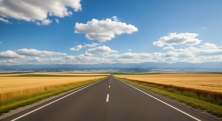 Fototapeta premium Straight asphalt road stretches to the horizon under a bright blue sky