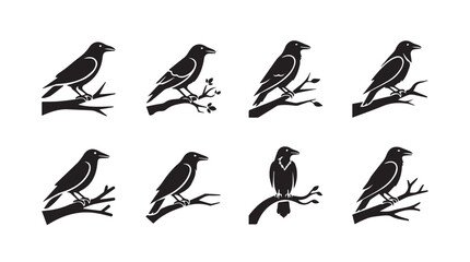 Collection of stylized silhouette crows perched on twigs for decorative and thematic design vector