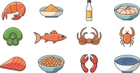 Delicious seafood icons collection fresh ocean delicacies shrimp fish crab lobster oysters sushi