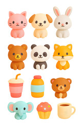 Obraz premium Collection of cute kawaii animal and food characters isolated on transparent background
