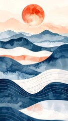 Watercolor mountain landscape with a bright red sun