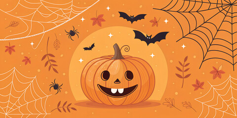 Bright Happy Halloween banner with a smiling pumpkin face, bats, spiders, and spider webs on a vivid orange background. Fun and spooky design perfect for Halloween posters, flyers, invitations, and di