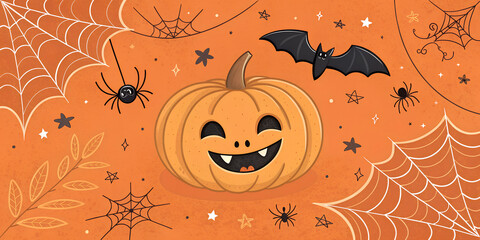 Bright Happy Halloween banner with a smiling pumpkin face, bats, spiders, and spider webs on a vivid orange background. Fun and spooky design perfect for Halloween posters, flyers, invitations, and di