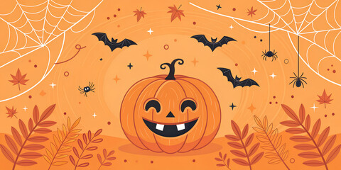 Bright Happy Halloween banner with a smiling pumpkin face, bats, spiders, and spider webs on a vivid orange background. Fun and spooky design perfect for Halloween posters, flyers, invitations, and di