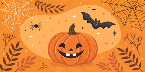 Bright Happy Halloween banner with a smiling pumpkin face, bats, spiders, and spider webs on a vivid orange background. Fun and spooky design perfect for Halloween posters, flyers, invitations, and di