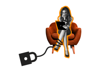 Composite photo collage of serious girl hold ipad device businesswoman trapped chain lock addiction concept isolated on painted background