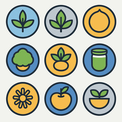 Collection of various plant and food icons in circular shapes for design.