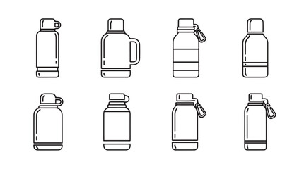 Collection of various thermos flasks and water bottles simple line art icons set vector