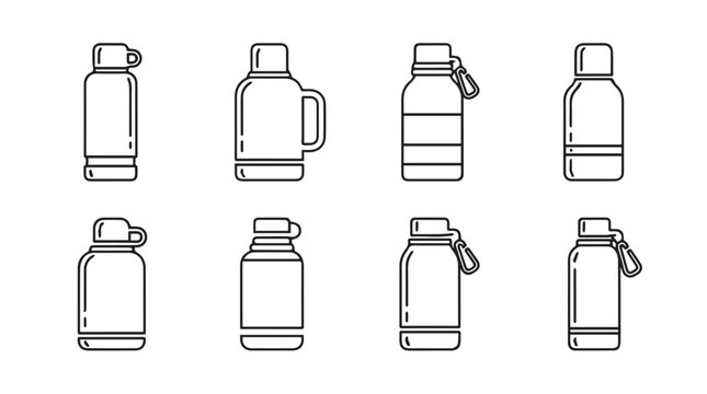 Collection of various thermos flasks and water bottles simple line art icons set vector