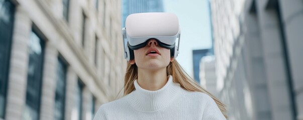 A woman wearing a virtual reality headset stands outdoors, gazing upwards, surrounded by a modern cityscape.
