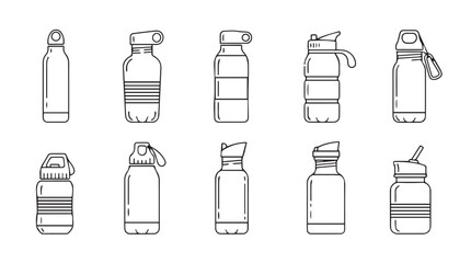 Collection of assorted reusable water bottles various designs and caps isolated on white vector