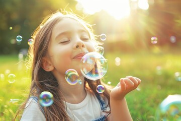 Young girl blowing bubbles park summer joy