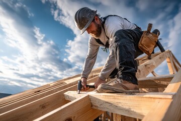 Skilled construction worker, wearing a hard hat and work gloves, is hammering wooden beams on a roof structure, showcasing dedication to building and craftsmanship in a dynamic outdoor setting