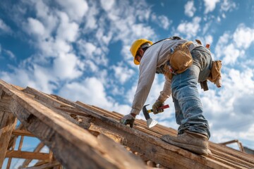 Construction worker, wearing yellow hard hat, is installing wooden beams on a roof, showcasing craftsmanship and dedication in a bright, open sky environment with clouds