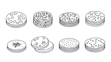 Eight black and white hand drawn stacks of round food items for culinary design vector