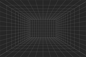 Room perspective grid box in futuristic 3d style. Outline hud tech grid background, room projection. Wireframe grid template in perspective view. 