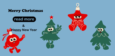 Web page design template. Set of cute and funny Christmas characters
