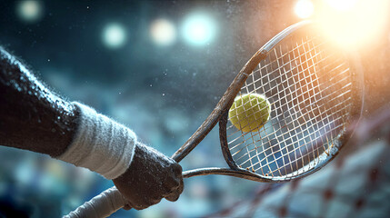 African American male tennis player in action, gripping a racket with a tennis ball in motion, showcasing athleticism and intensity in a competitive sports environment